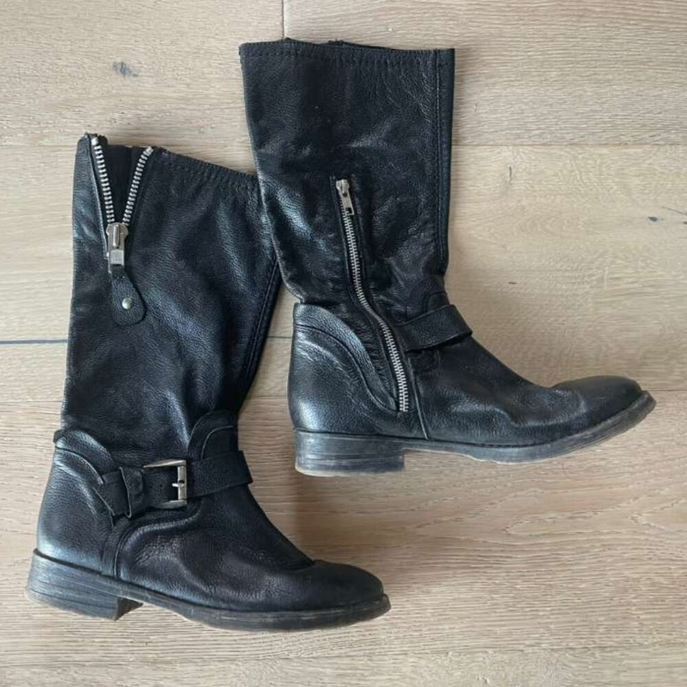 Bed Stu black leather mid-calf moto boots